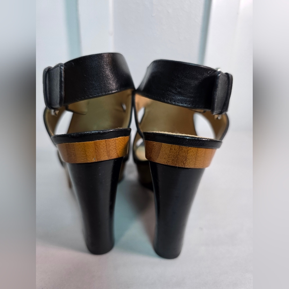 MICHAEL Michael Kors Black Leather Peep Toe Wedge Sandals Size 7M 37 - Picture 8 of 10